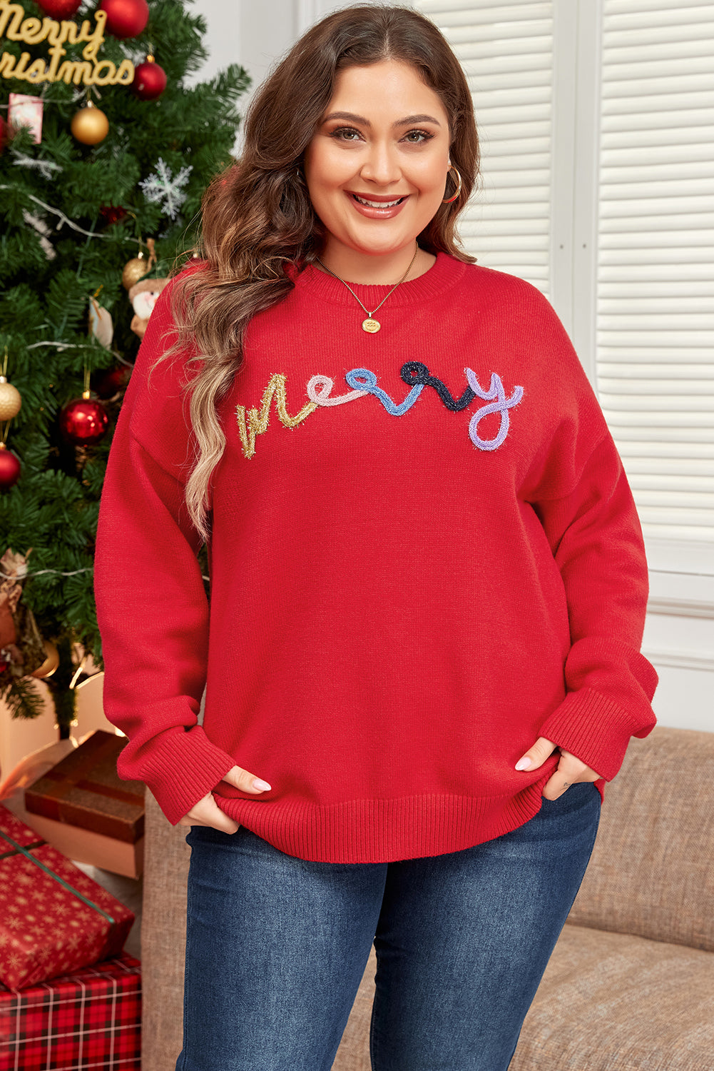 Fiery Red Tinsel Pattern Drop Shoulder Plus Size Sweater Dear-Lover Dropshipping